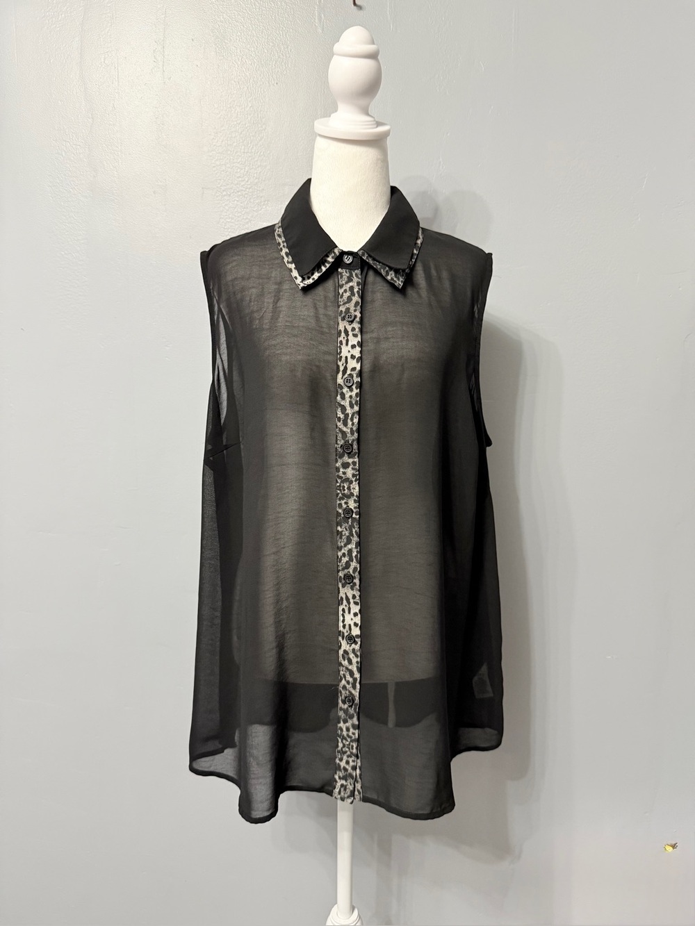 #17)  Sheer Black Sleeveless Blouse with Leopard Trim